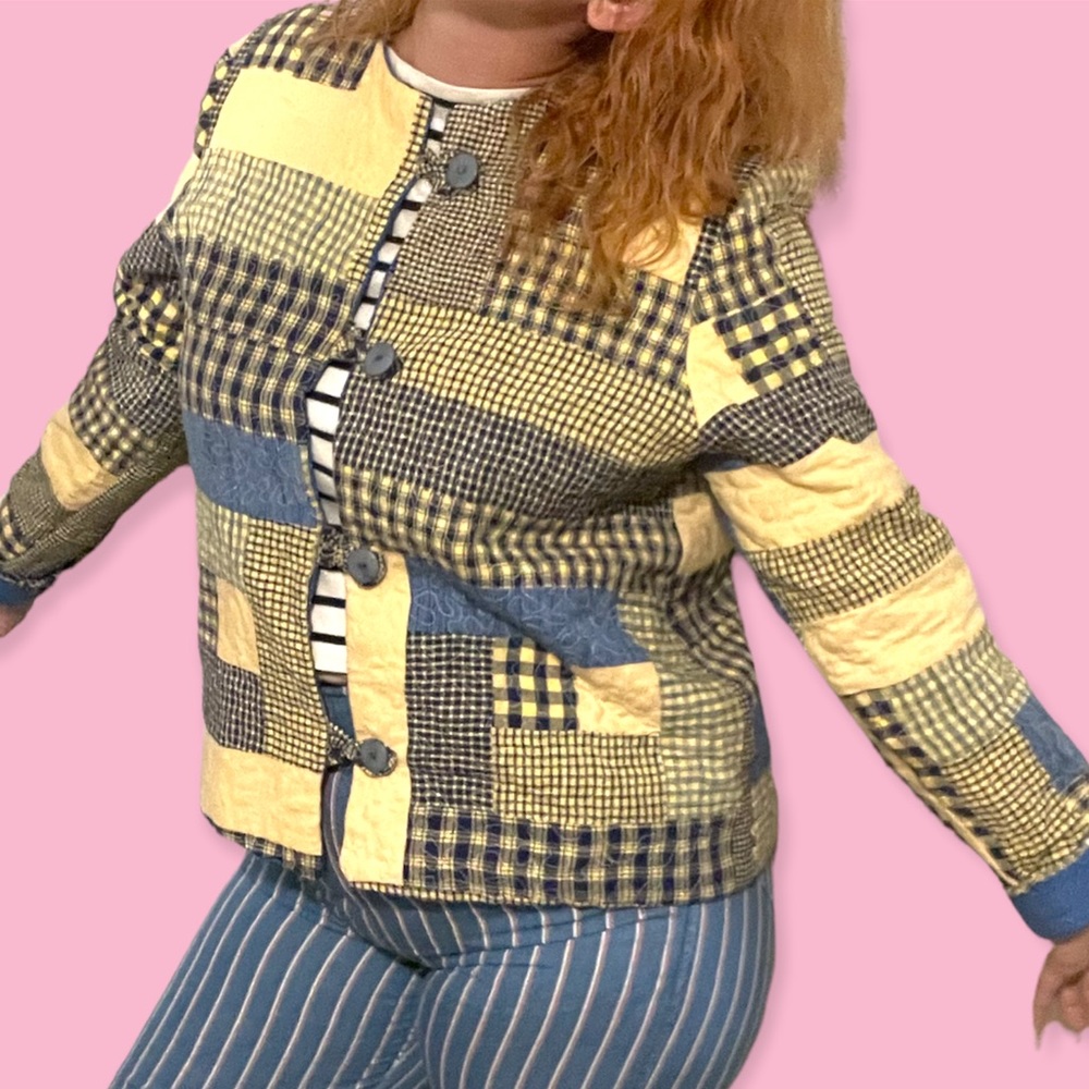 Vtg Homemade Patchwork Quilted Button Jacket Large - image 1